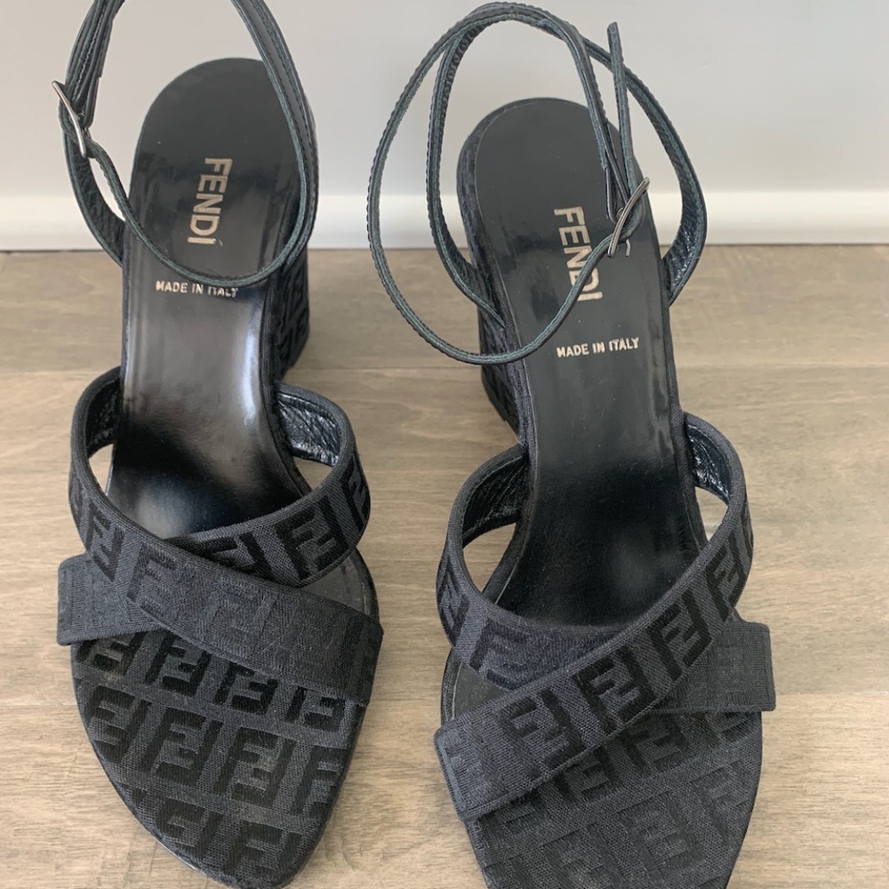 Vintage Fendi Logo Wedge Sandal with Ankle Strap